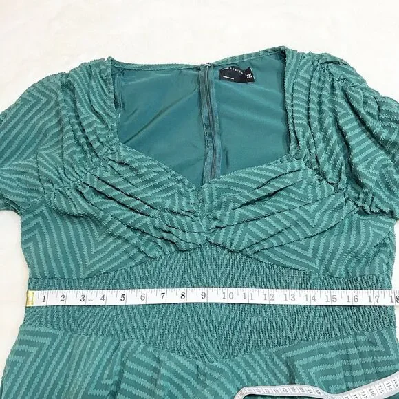 ASOS Ruched Waist Pleated Midi Dress Green Striped Sz 14 - Picture 13 of 14